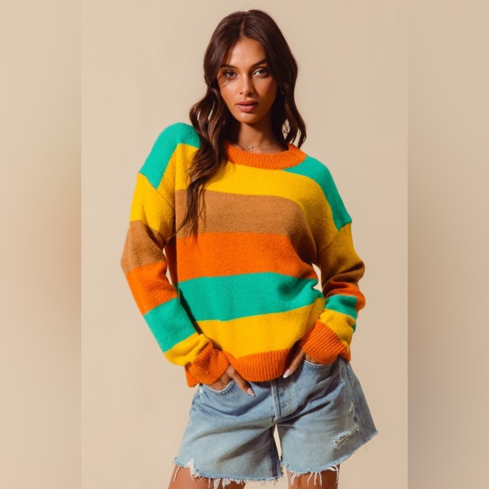 Jade multicolor knit striped color block boho bohemian sweater tunic top